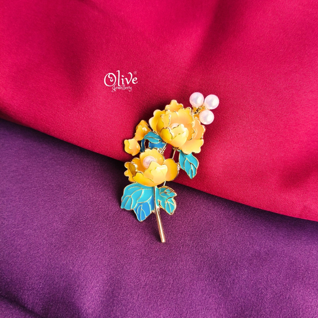 Yellow Peony Flower Brooch
