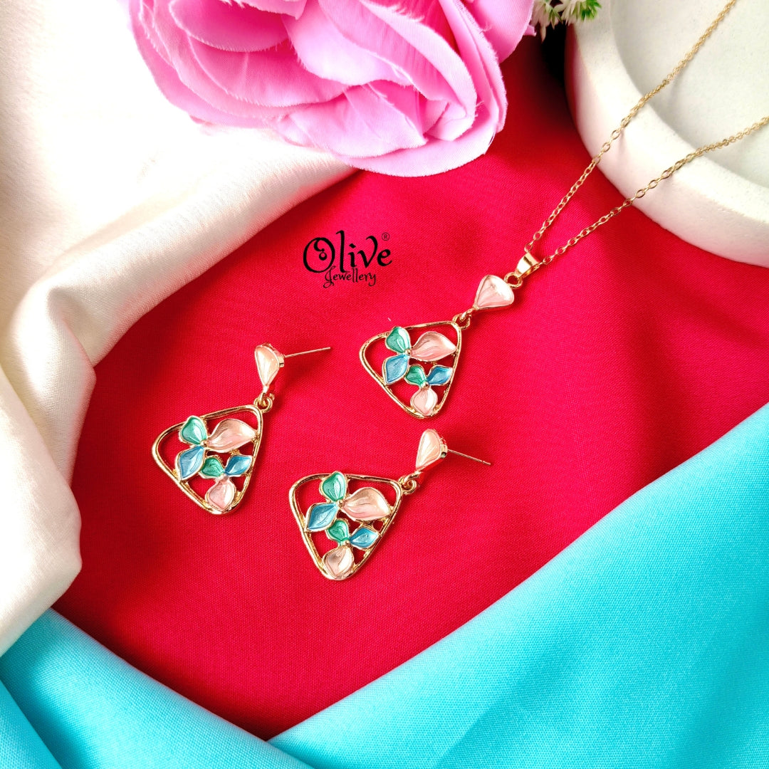 Tri Leaf Enamel Pendant Set