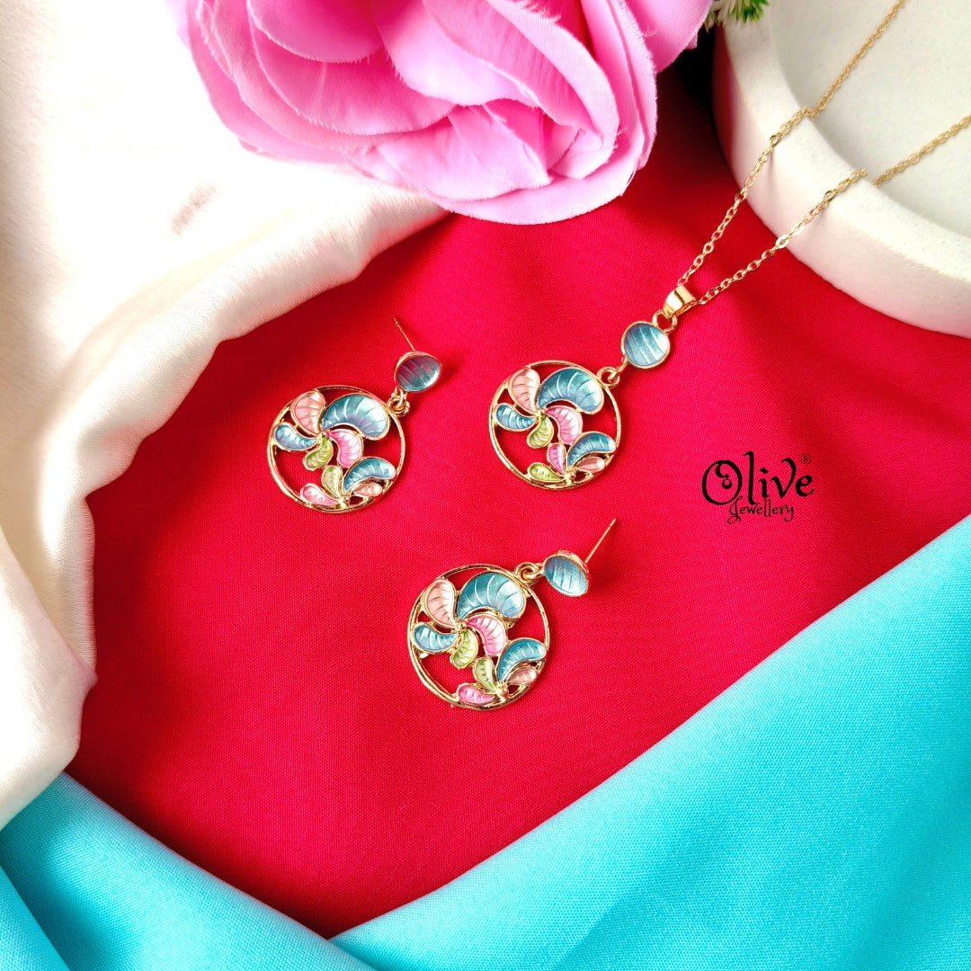 Wave Leaf Enamel Pendant Set