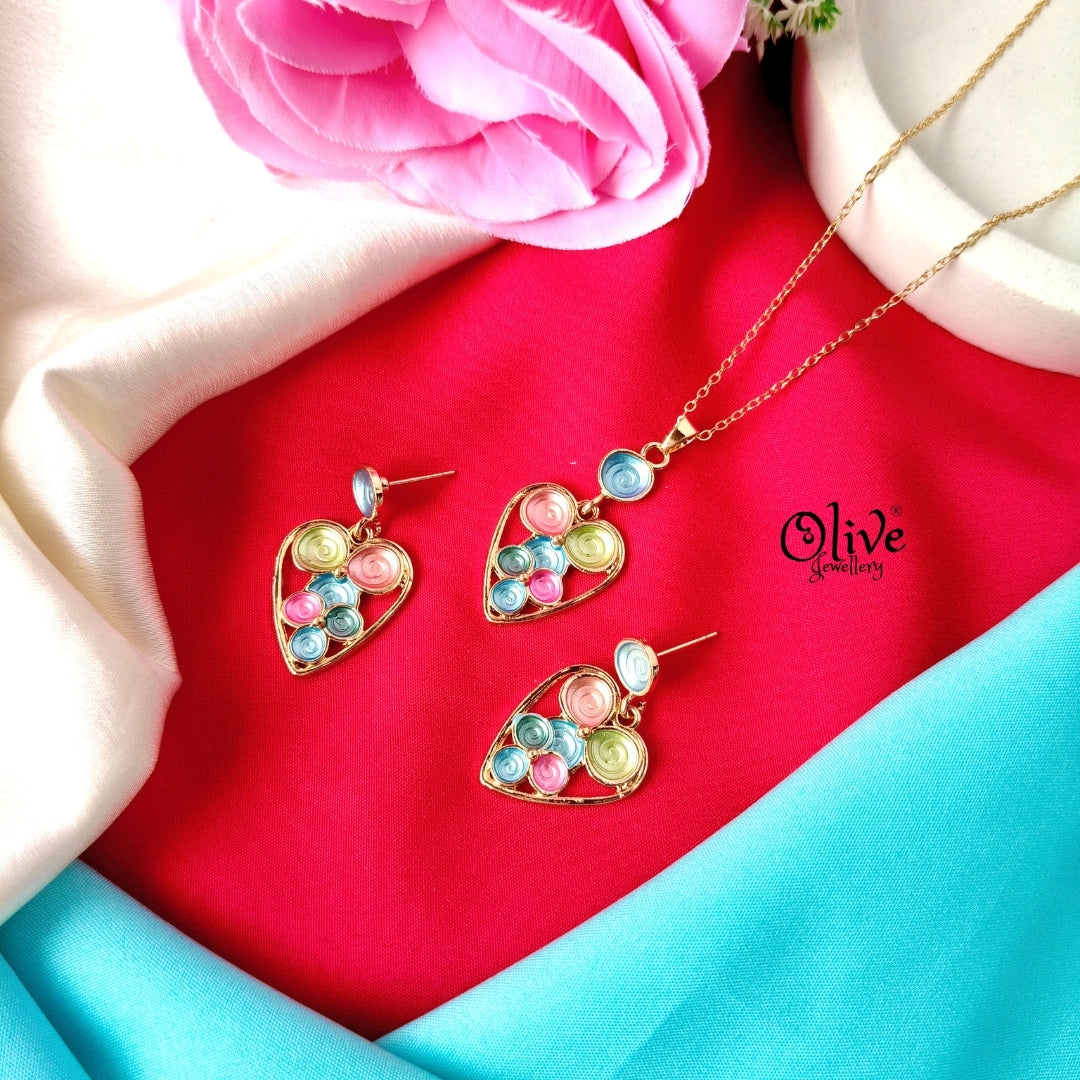 Colorful Heart Enamel Pendant Set