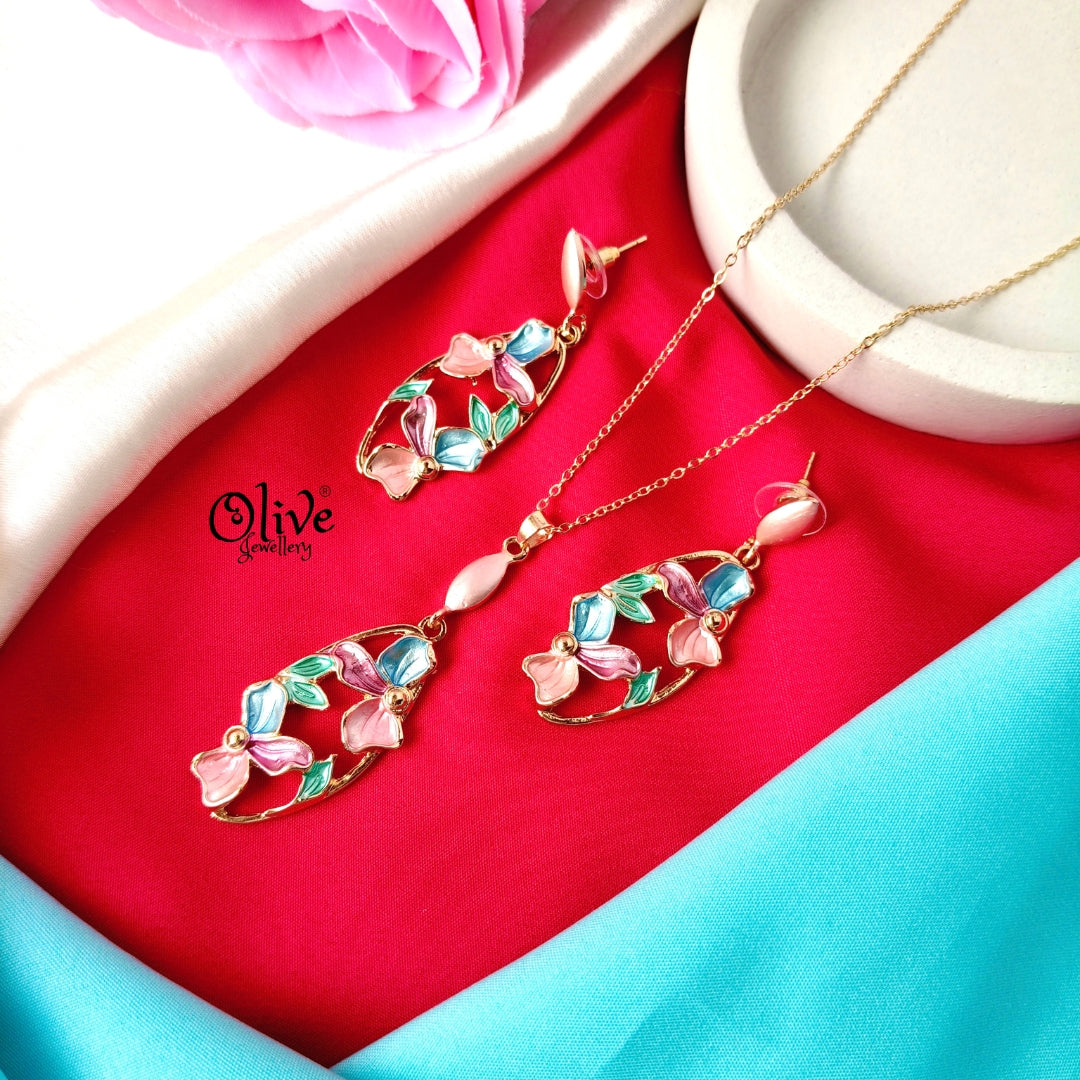 Floral Garden Enamel Pendant Set