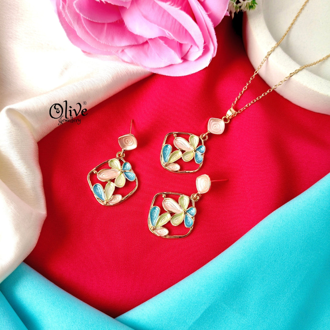 Floral Butterfly Enamel Pendant Set