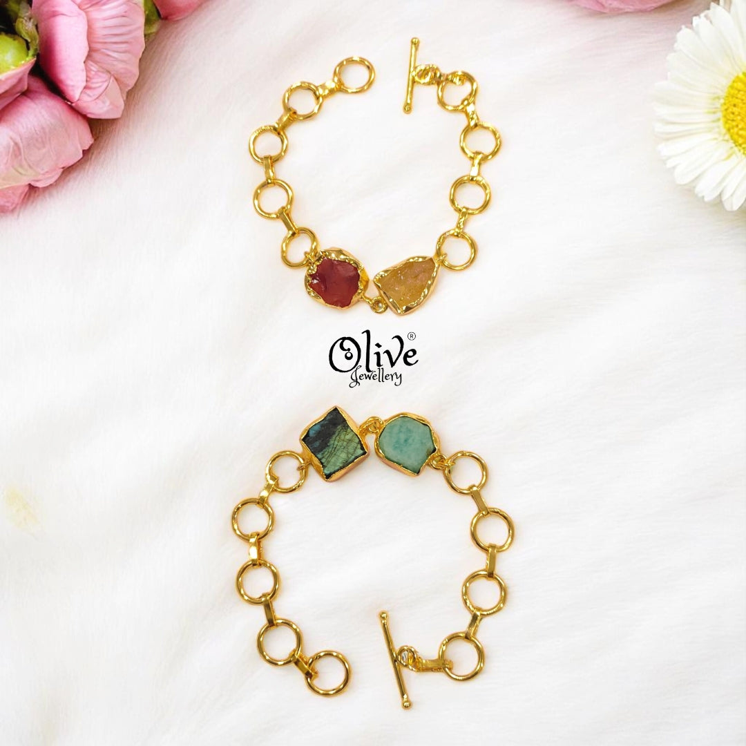 Natural Stone Bracelet - Double Stone - Collet Fitting - Multi Stones - Mixed - 11