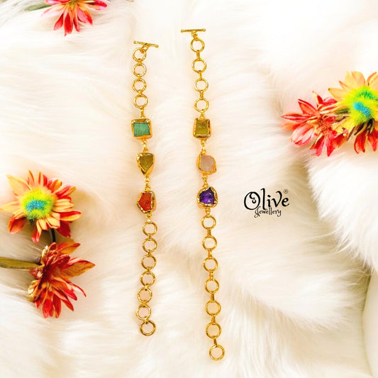 Natural Stone Bracelet - Collet Fitting - Triple Stones - Multi Stones - Mixed - 12