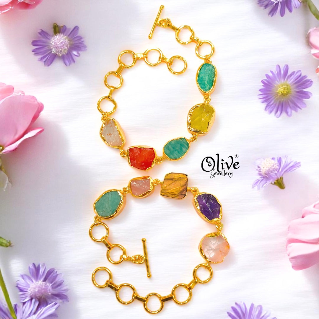 Natural Stone Bracelet - Collet Fitting - Five Stones - Multi Stones - Mixed - 15