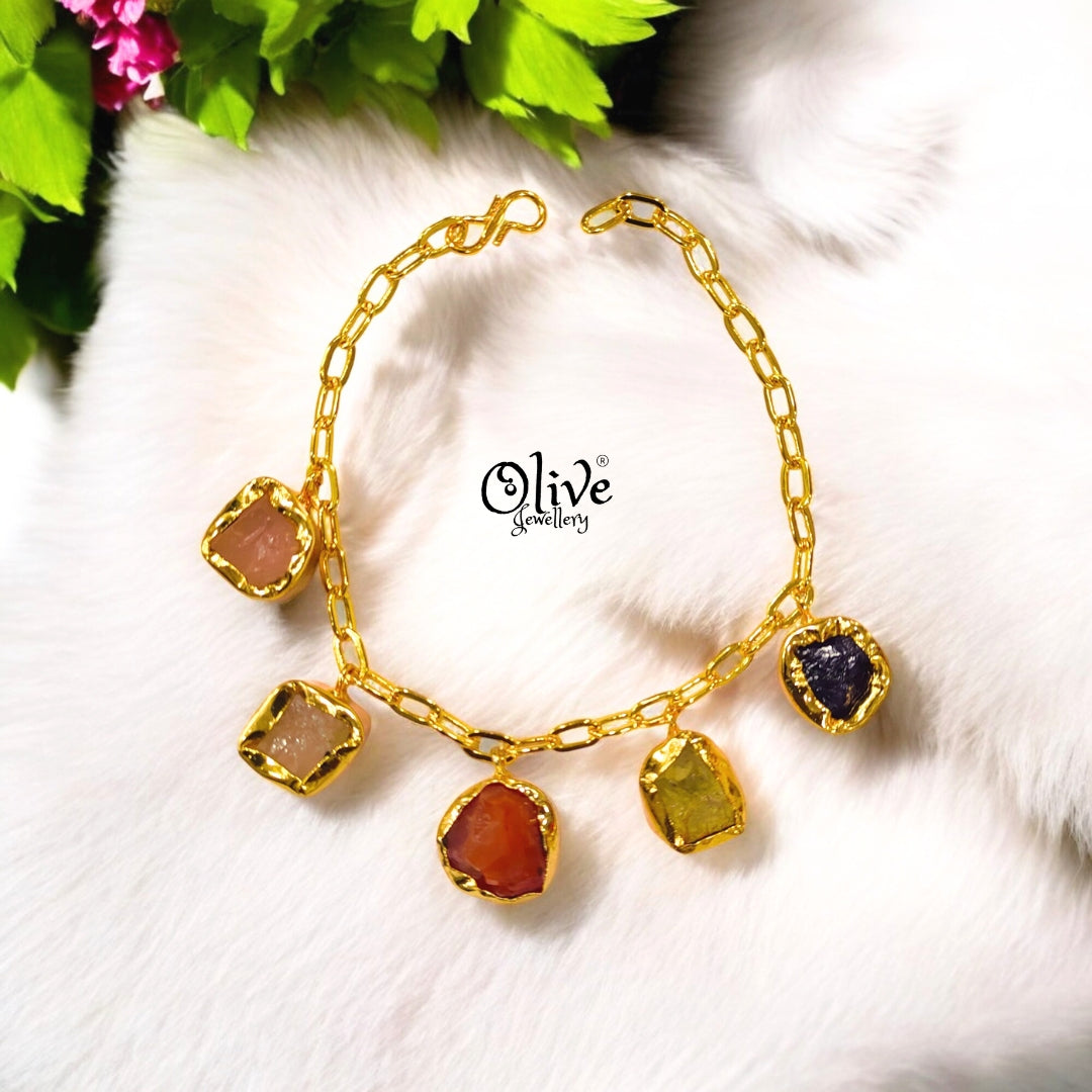Natural Stone Bracelet - Collet Fitting - Five Stones - Multi Stones - Mixed - 19