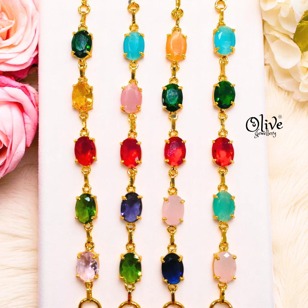 Golden Brass Chain Bracelets - Glass Stones - Claw Fitting - Five Stones - Multi Stones - Mixed - 20