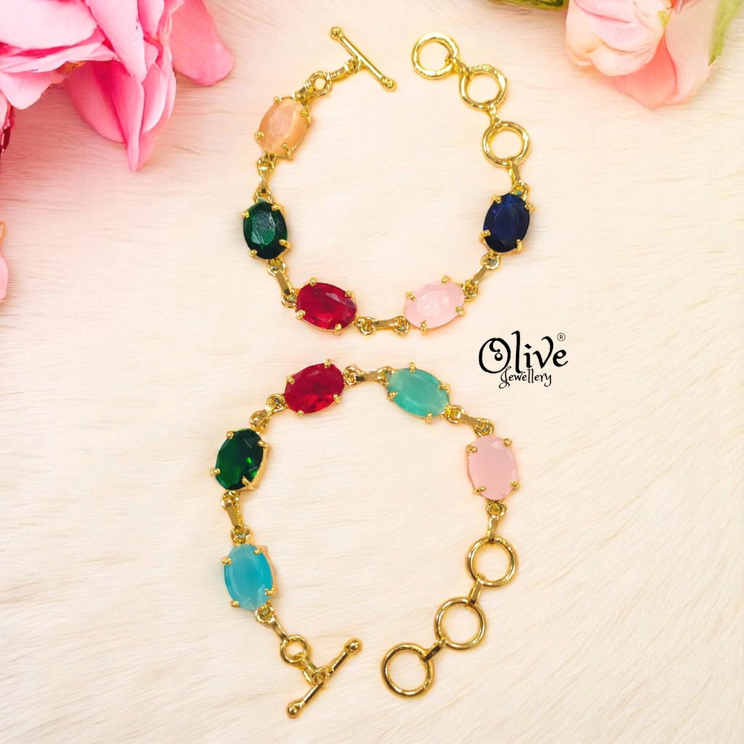 Golden Brass Chain Bracelets - Glass Stones - Claw Fitting - Five Stones - Multi Stones - Mixed - 20
