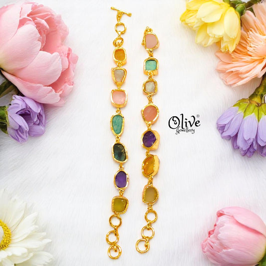 Natural Stone Bracelet - Collet Fitting - Seven Stones - Multi Stones - Mixed - 21