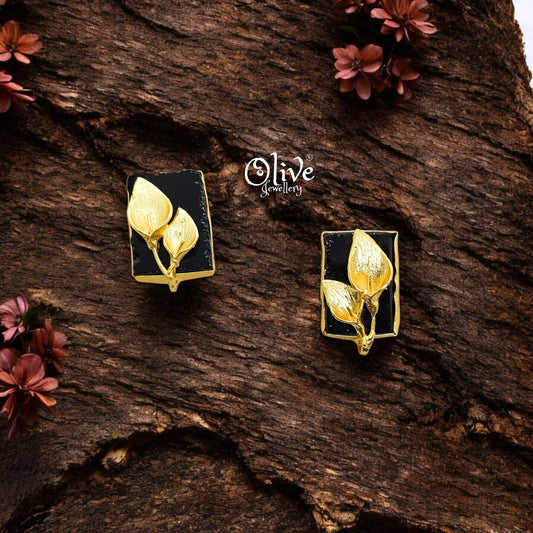 Golden Brass Earrings - 253 - Rough Stone