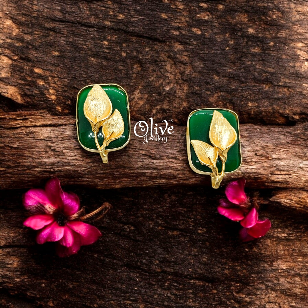 Golden Brass Earrings - 265 - Monalisa Stone