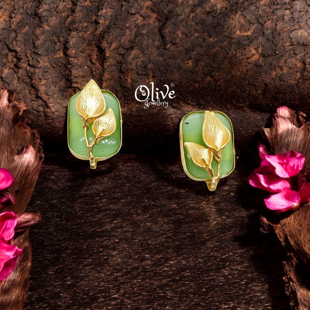 Golden Brass Earrings - 265 - Monalisa Stone