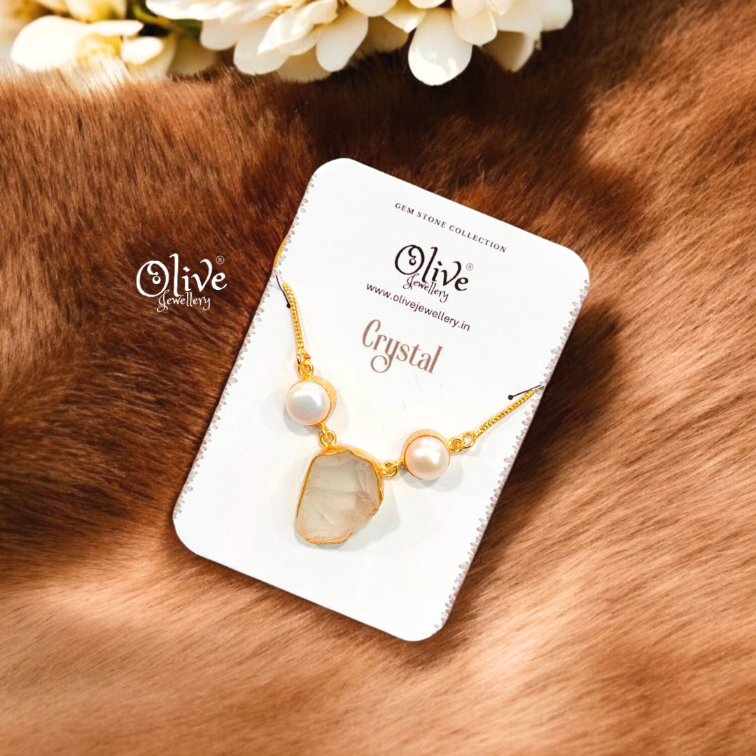 Gem Stone Collection Pendent - Collet Fitting - Rough Shape - 2 Pearls