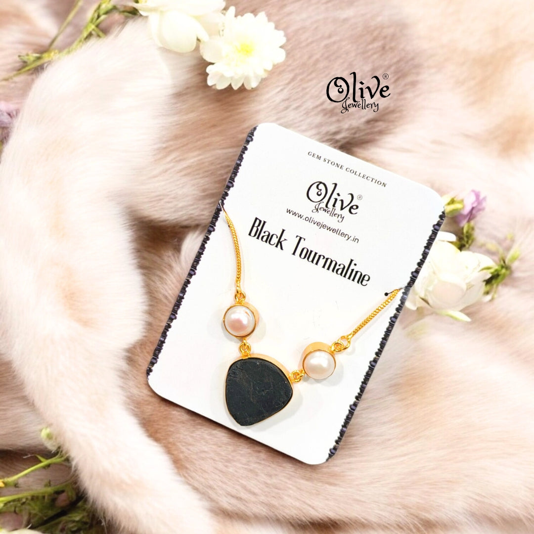 Gem Stone Collection Pendent - Collet Fitting - Rough Shape - 2 Pearls