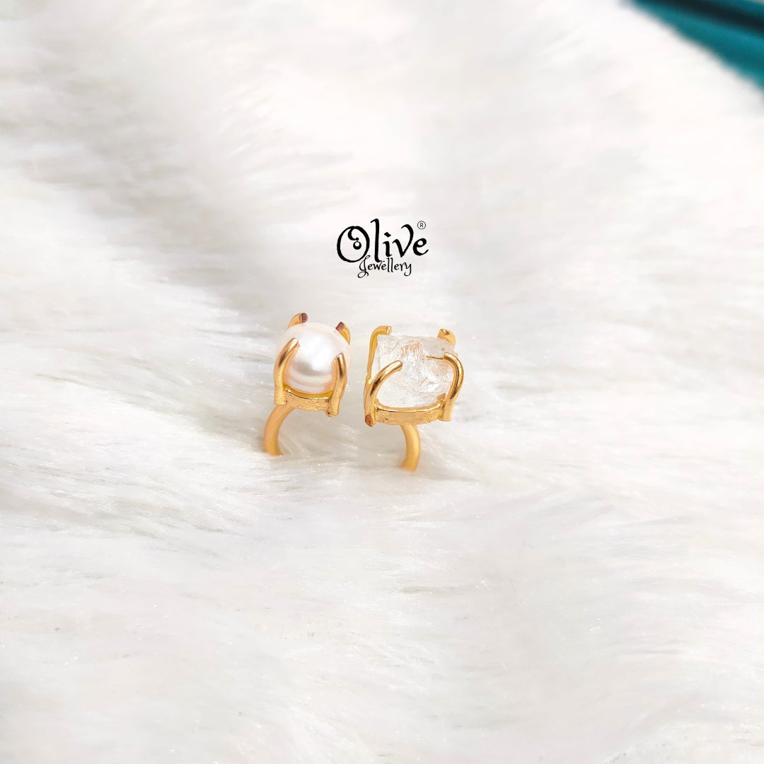 Natural Stones Finger Rings - Claw Fitting - Rough Shape -Crystal Stone with one Pearl