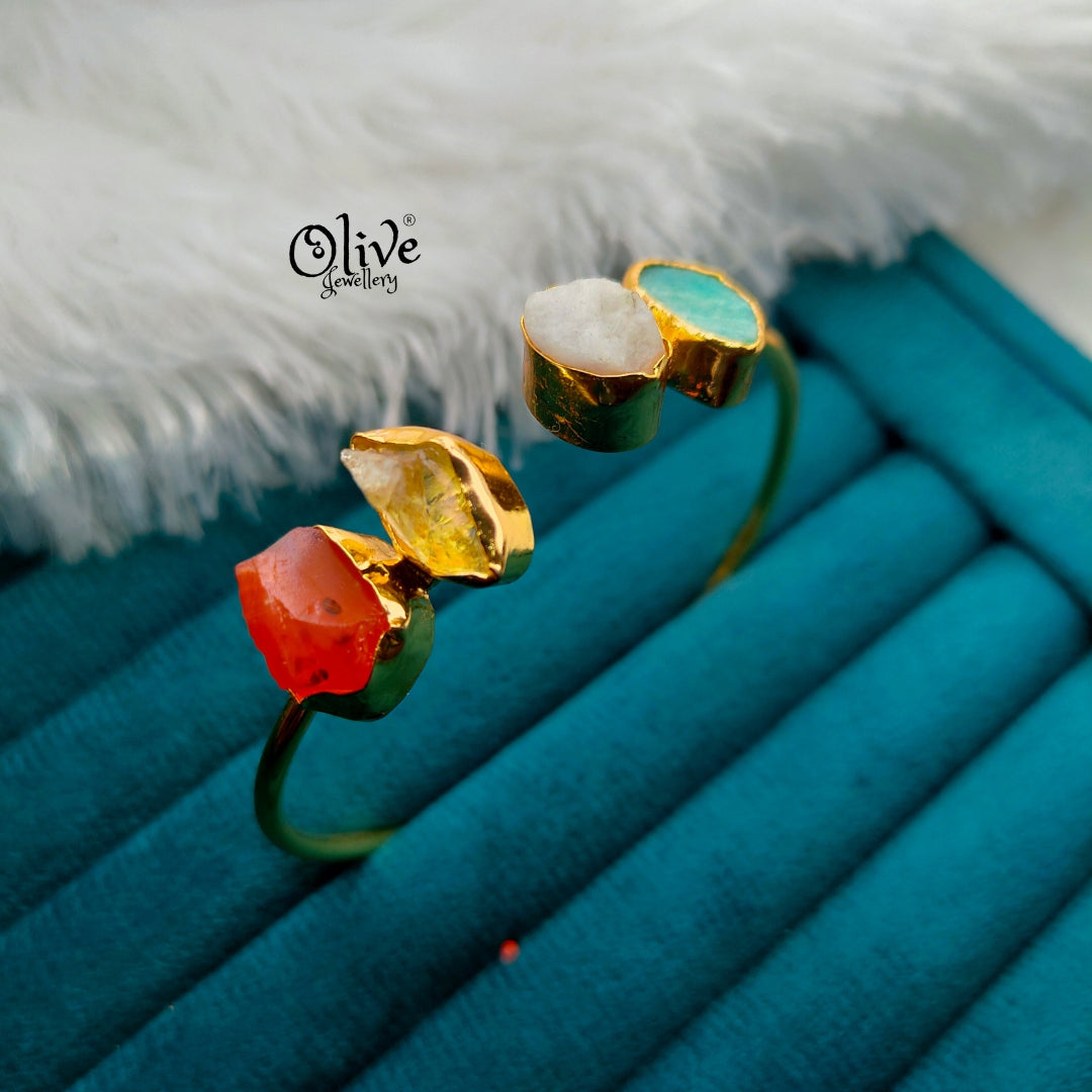 Natural Stone Kada - Collet Fitting - Rough Shape - 4 Stones (Multi)