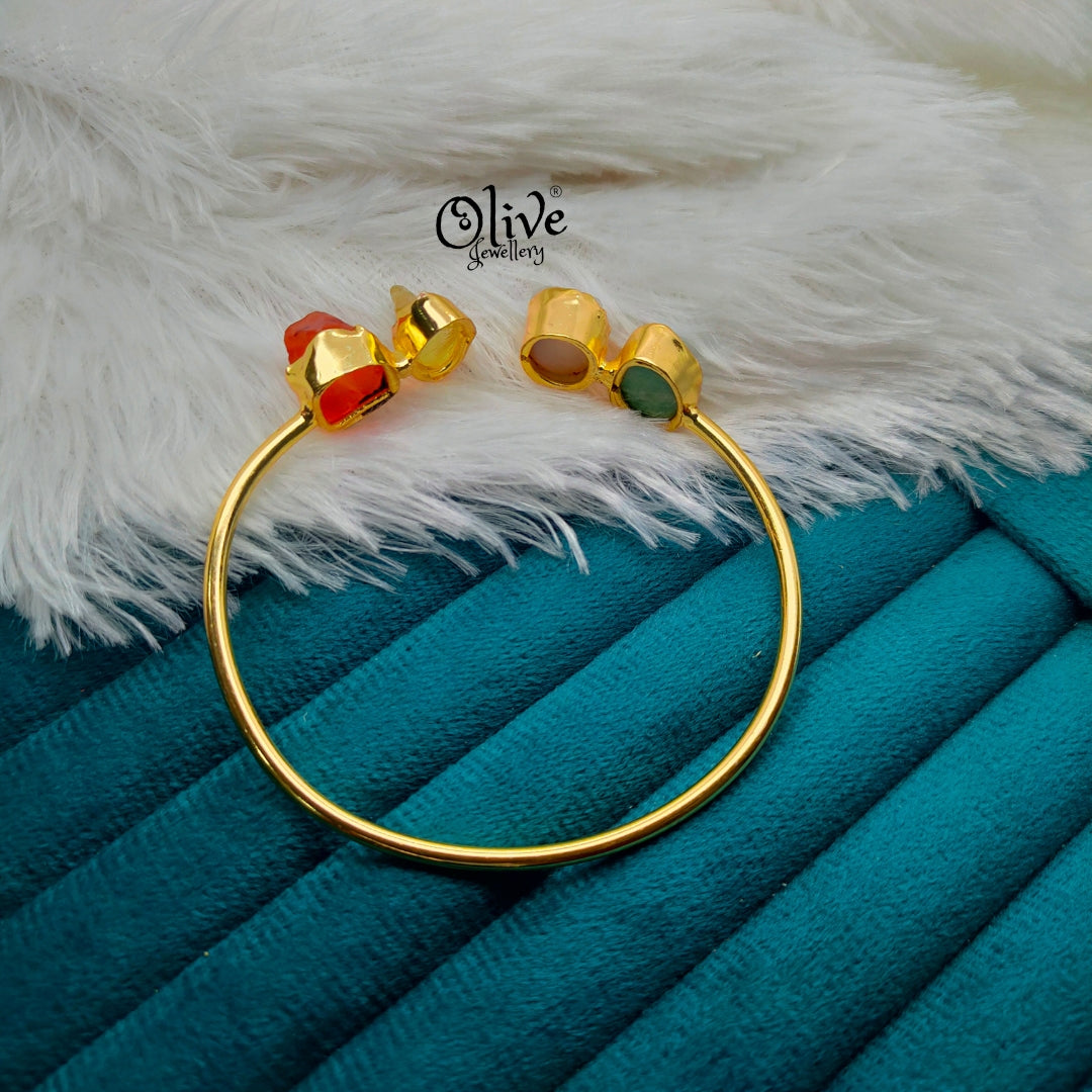 Natural Stone Kada - Collet Fitting - Rough Shape - 4 Stones (Multi)