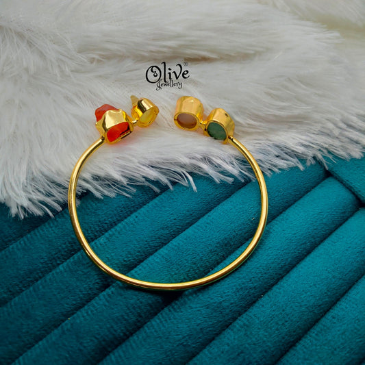 Natural Stone Kada - Collet Fitting - Rough Shape - 4 Stones (Multi)