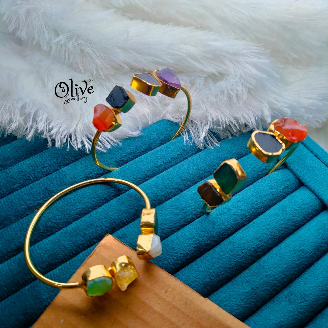 Natural Stone Kada - Collet Fitting - Rough Shape - 4 Stones (Multi)