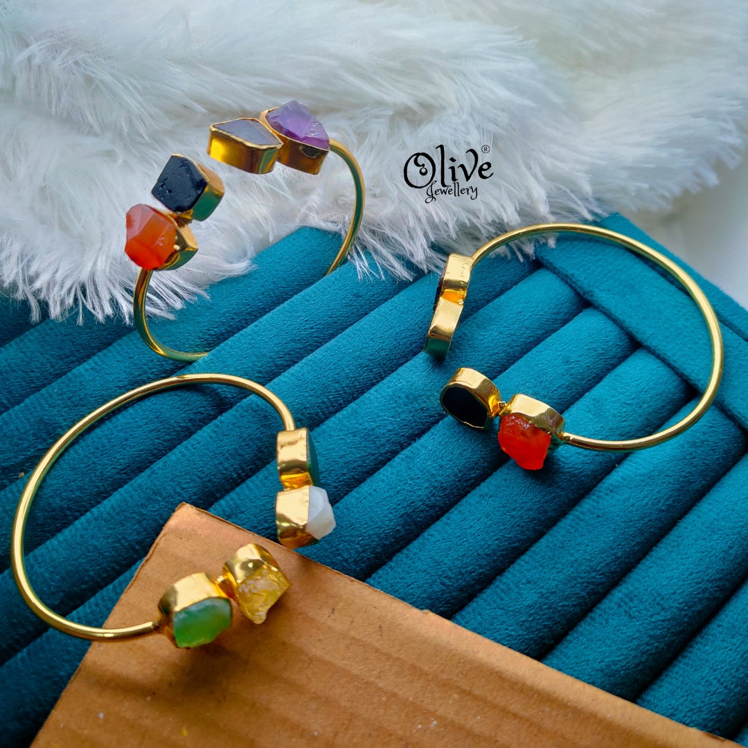 Natural Stone Kada - Collet Fitting - Rough Shape - 4 Stones (Multi)