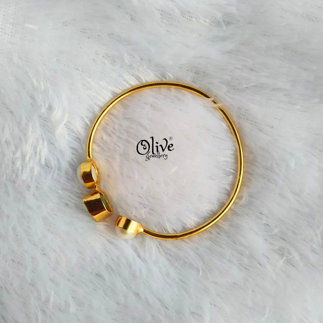 Natural Stone Kada - Collet Fitting - Single Stone - Double Pearls