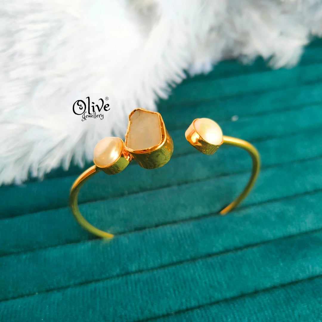 Natural Stone Kada - Collet Fitting - Single Stone - Double Pearls