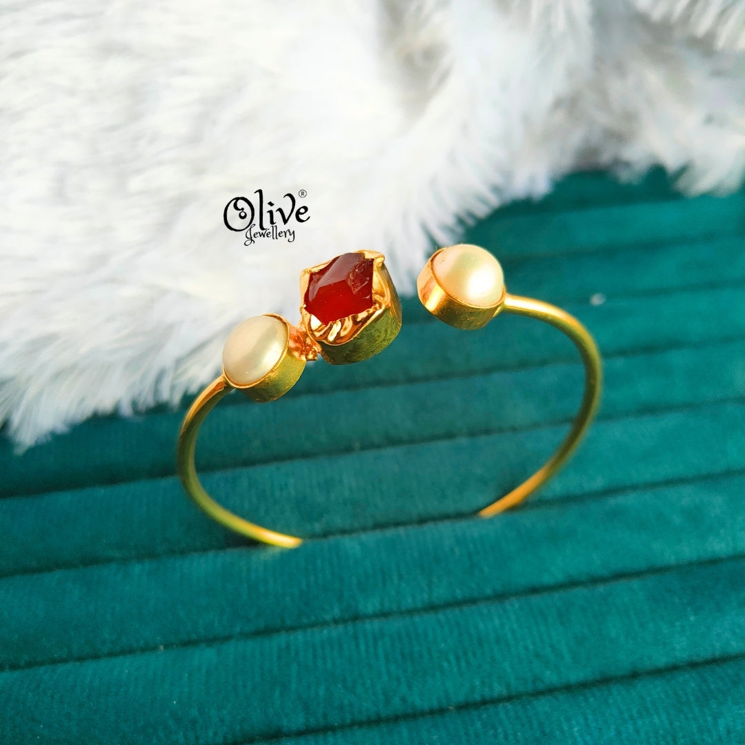 Natural Stone Kada - Collet Fitting - Single Stone - Double Pearls