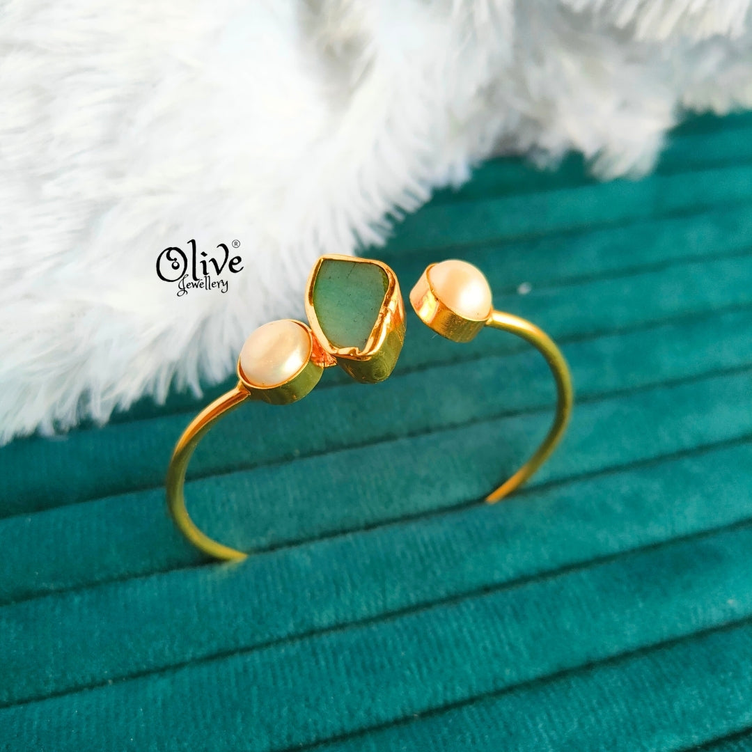 Natural Stone Kada - Collet Fitting - Single Stone - Double Pearls