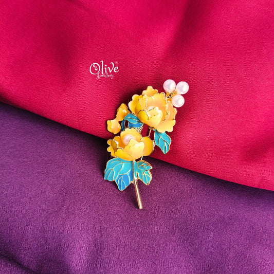 Yellow Peony Flower Brooch