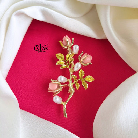 Pink Rose With Pearl Brooch
