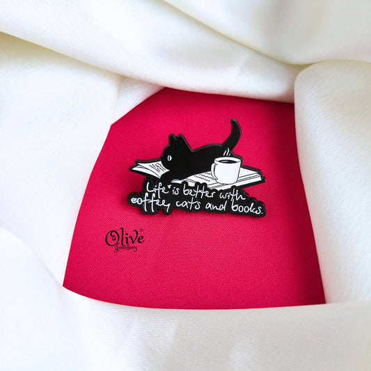 Life Is Better With Coffee Cats And Books-Brooch