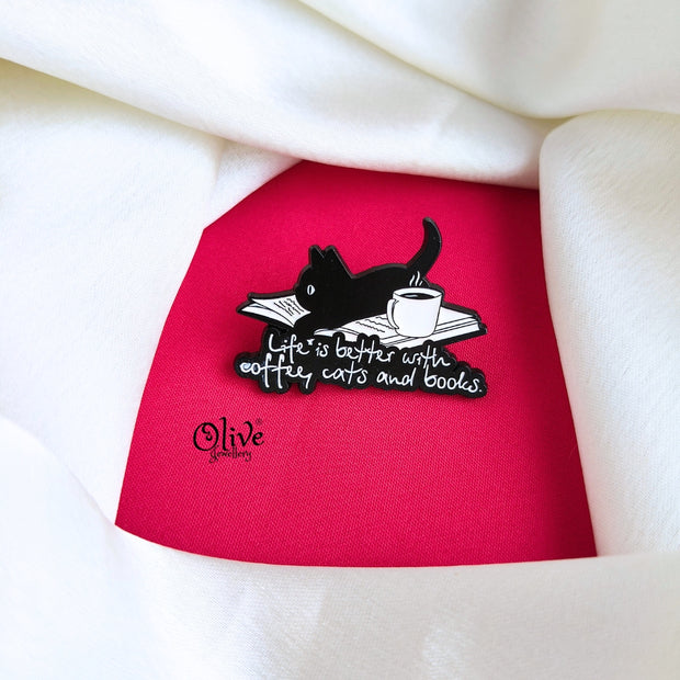 Life Is Better With Coffee Cats And Books-Brooch