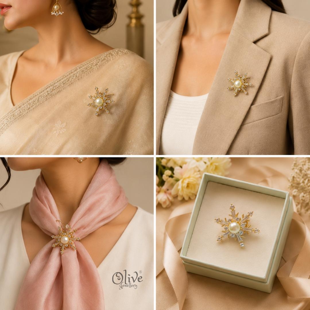 Starburst Pearl Crystal Brooch