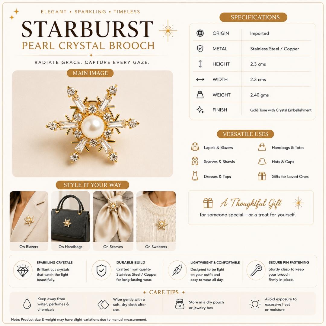 Starburst Pearl Crystal Brooch