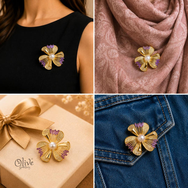 Elegant Purple Crystal  Flower Brooch