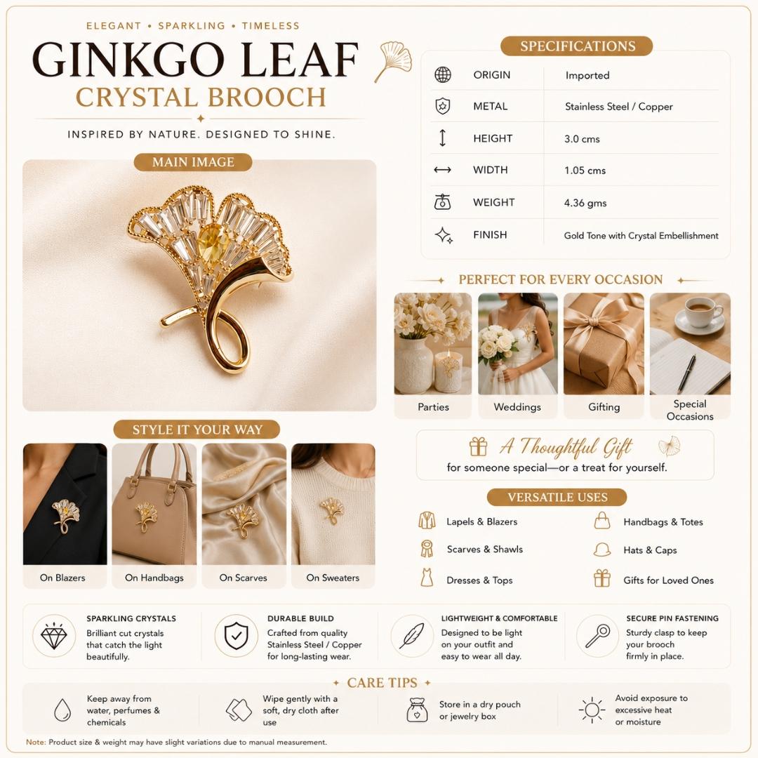 Ginkgo Leaf Crystal Brooch