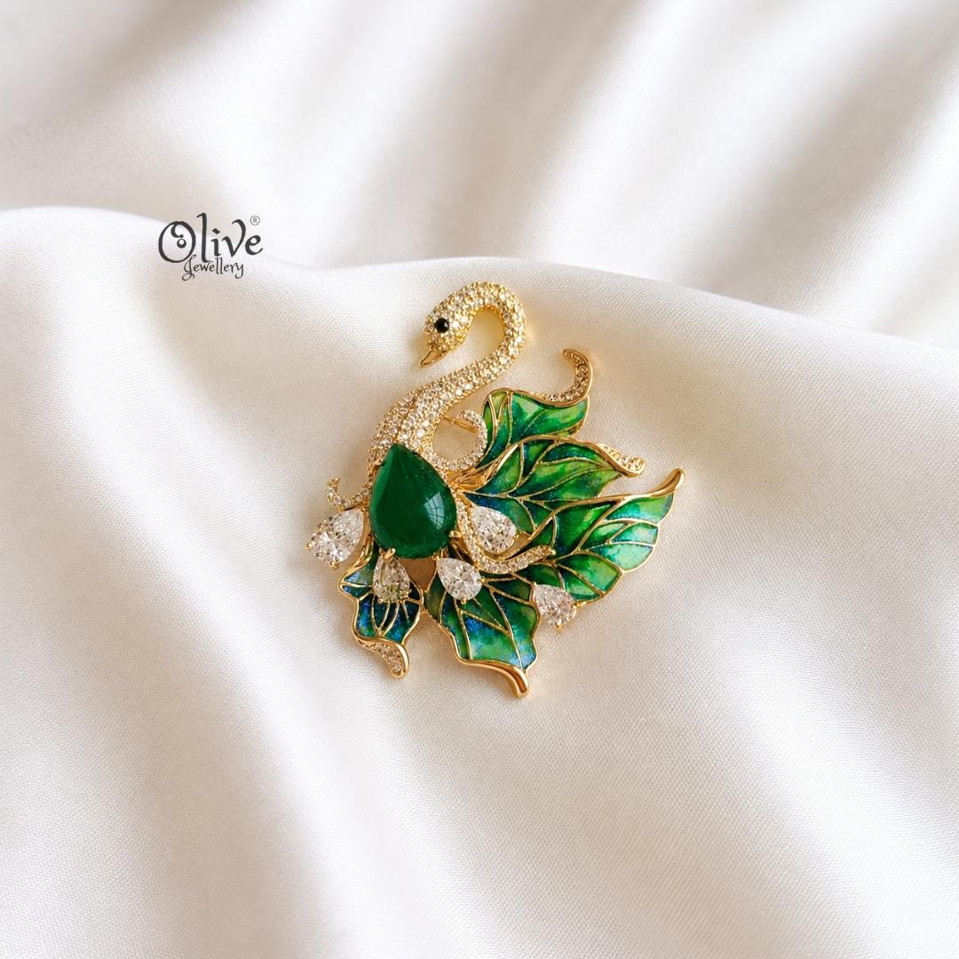 Emerald Swan Brooch