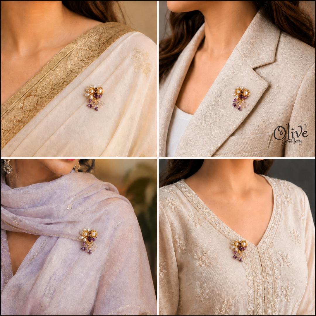 Floral Pearl & Amethyst Brooch