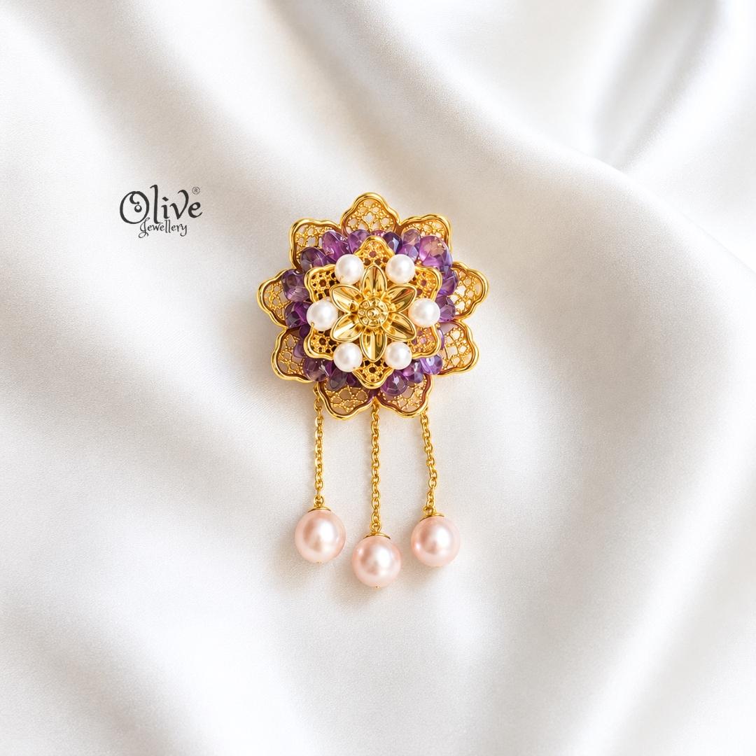Lavender Pearl Flower  Brooch
