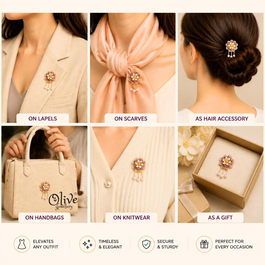 Lavender Pearl Flower  Brooch