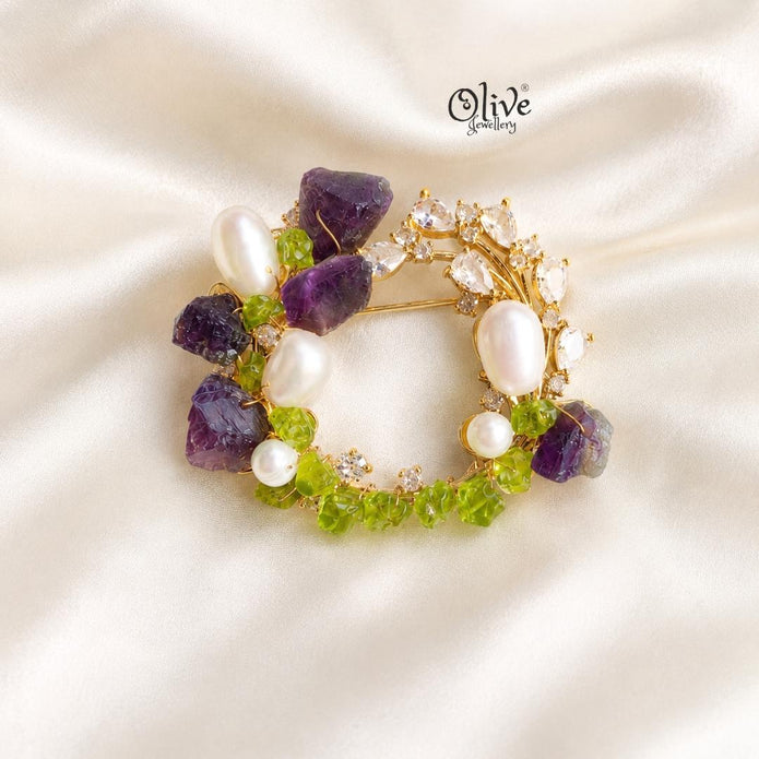 Amethyst & Peridot Circle Brooch