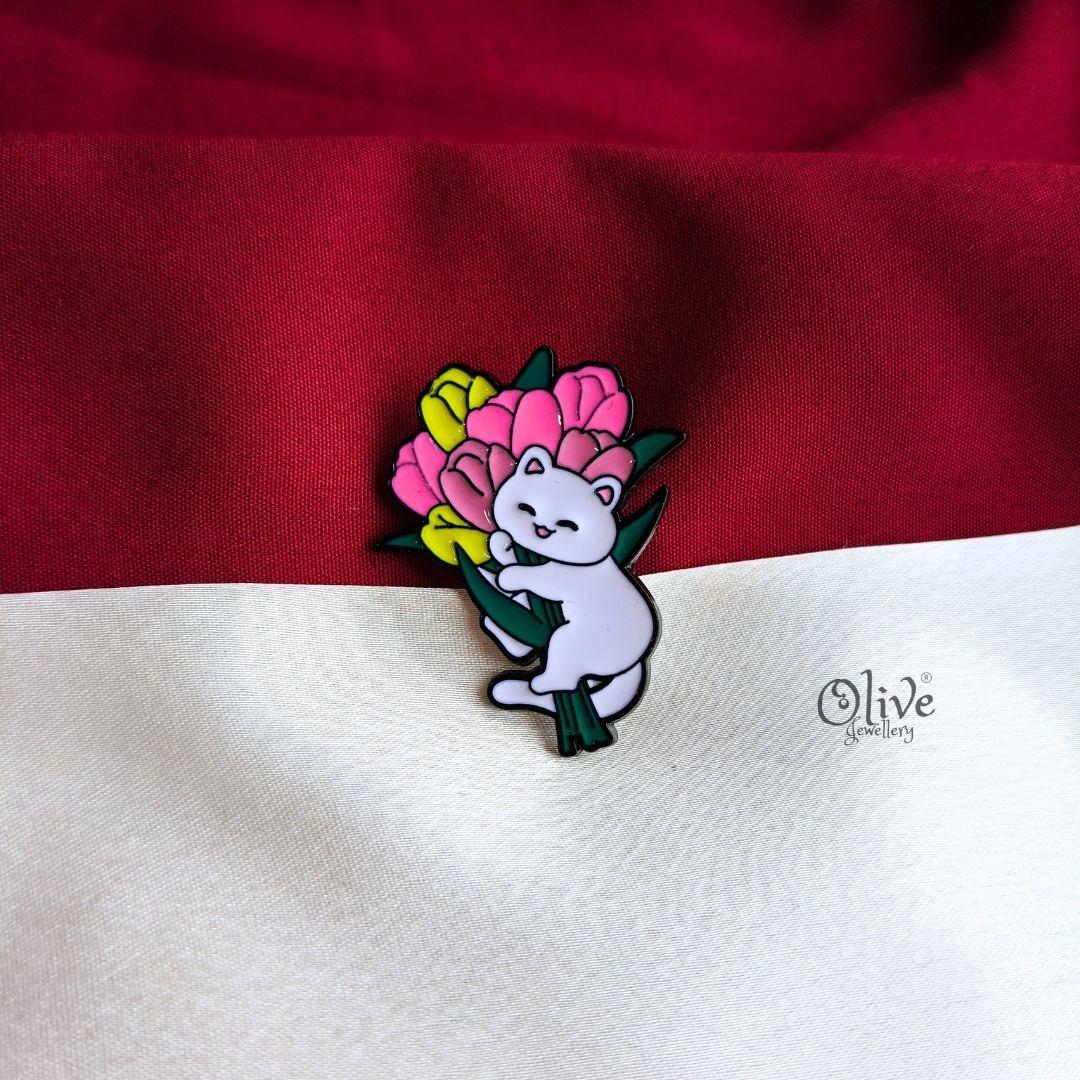 Floral Hug Cat Enamel Pin