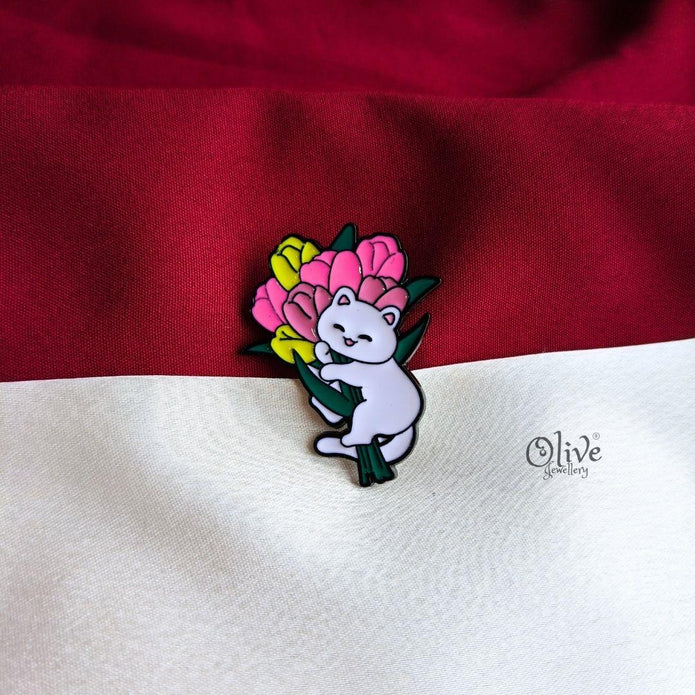 Floral Hug Cat Enamel Pin