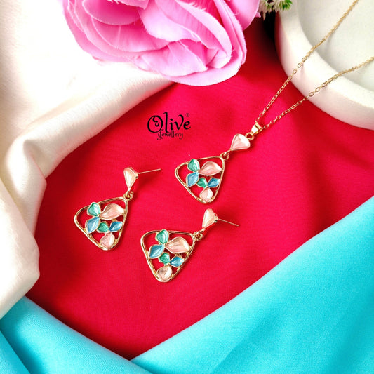 Tri Leaf Enamel Pendant Set