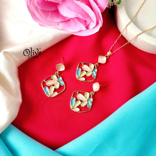 Floral Butterfly Enamel Pendant Set