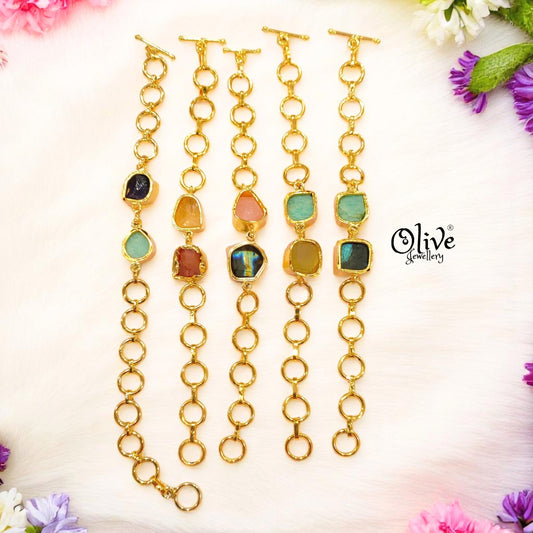 Natural Stone Bracelet - Double Stone - Collet Fitting - Multi Stones - Mixed - 11