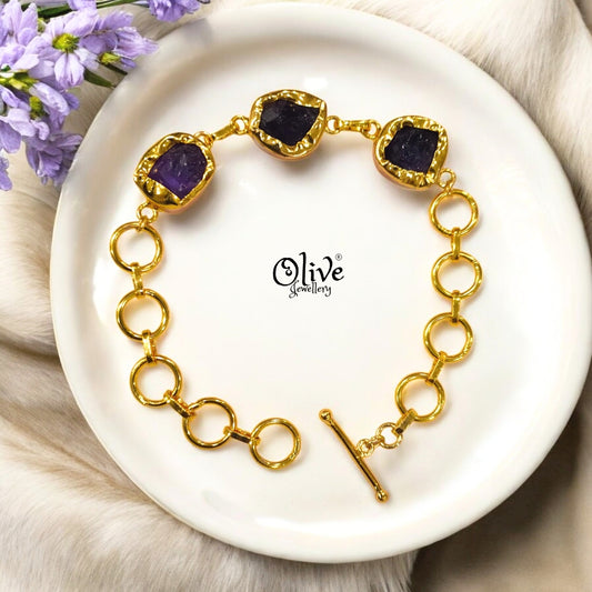 Natural Stone Bracelet -  Collet Fitting - Triple Stones - Multi Stones - Mixed - 12