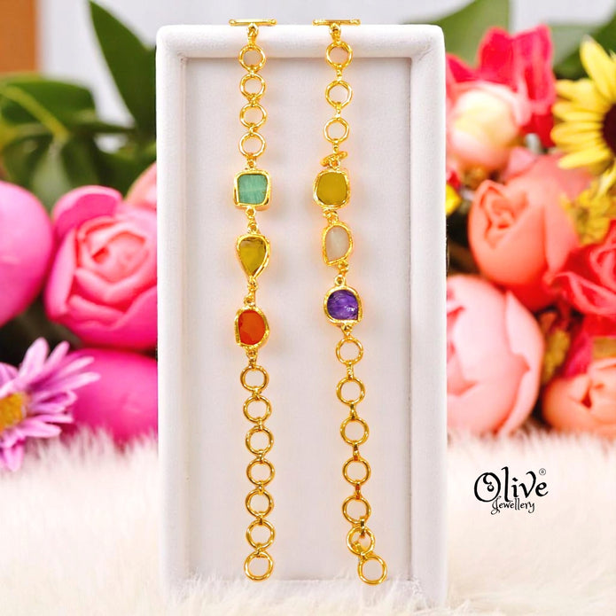 Natural Stone Bracelet -  Collet Fitting - Triple Stones - Multi Stones - Mixed - 12