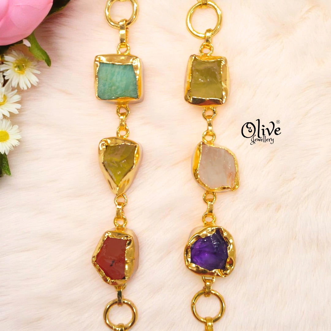 Natural Stone Bracelet -  Collet Fitting - Triple Stones - Multi Stones - Mixed - 12
