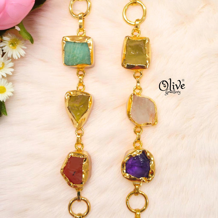 Natural Stone Bracelet -  Collet Fitting - Triple Stones - Multi Stones - Mixed - 12